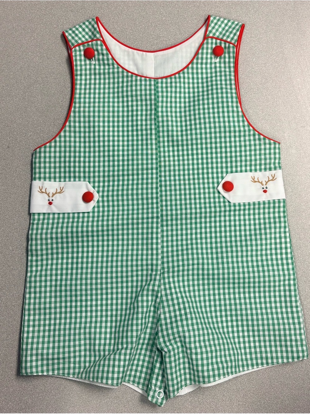 The Proper Peony Christmas Gingham Jon Jon | 18 Months | Reindeer Embroidered